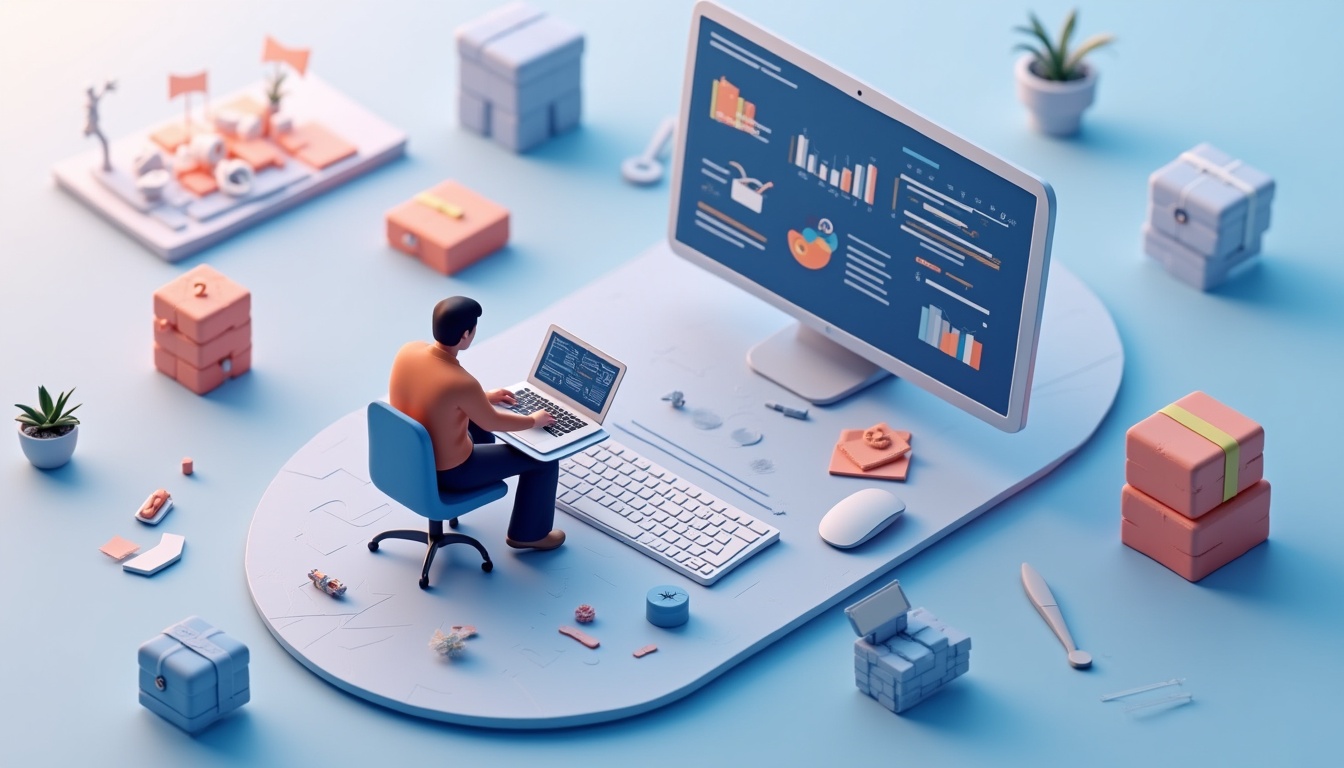 Ilustrație creare site WordPress în 2026 cu elemente futuriste și AI