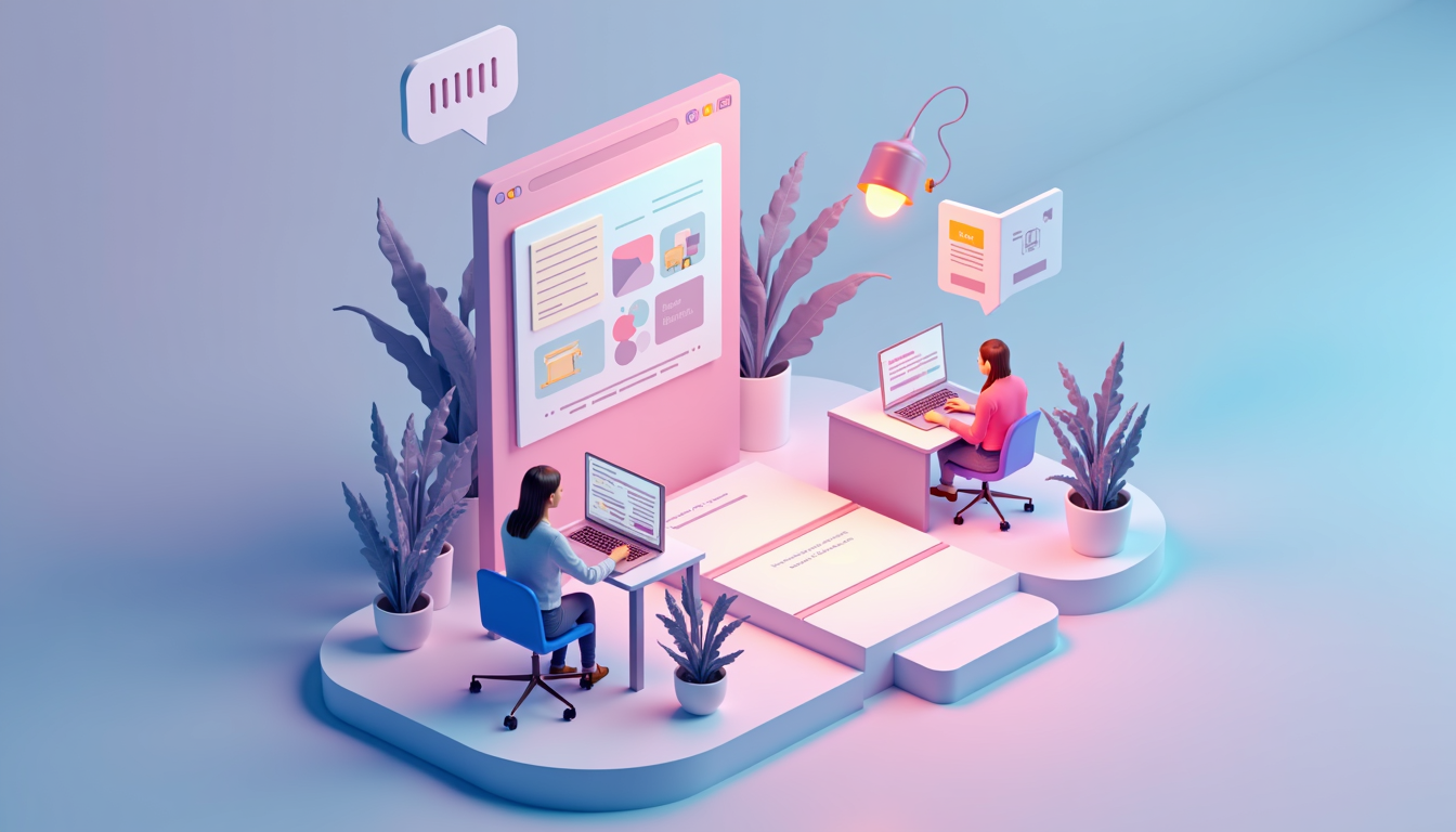 Ilustrație cu elemente de web design și inteligență artificială pentru crearea unui site în 2026