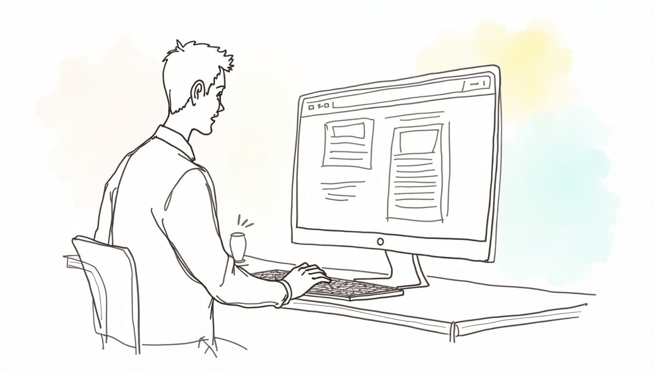 Ilustrație cu un dezvoltator web care creează un site pe un laptop, simbolizând ghidul complet pentru a crea un site.