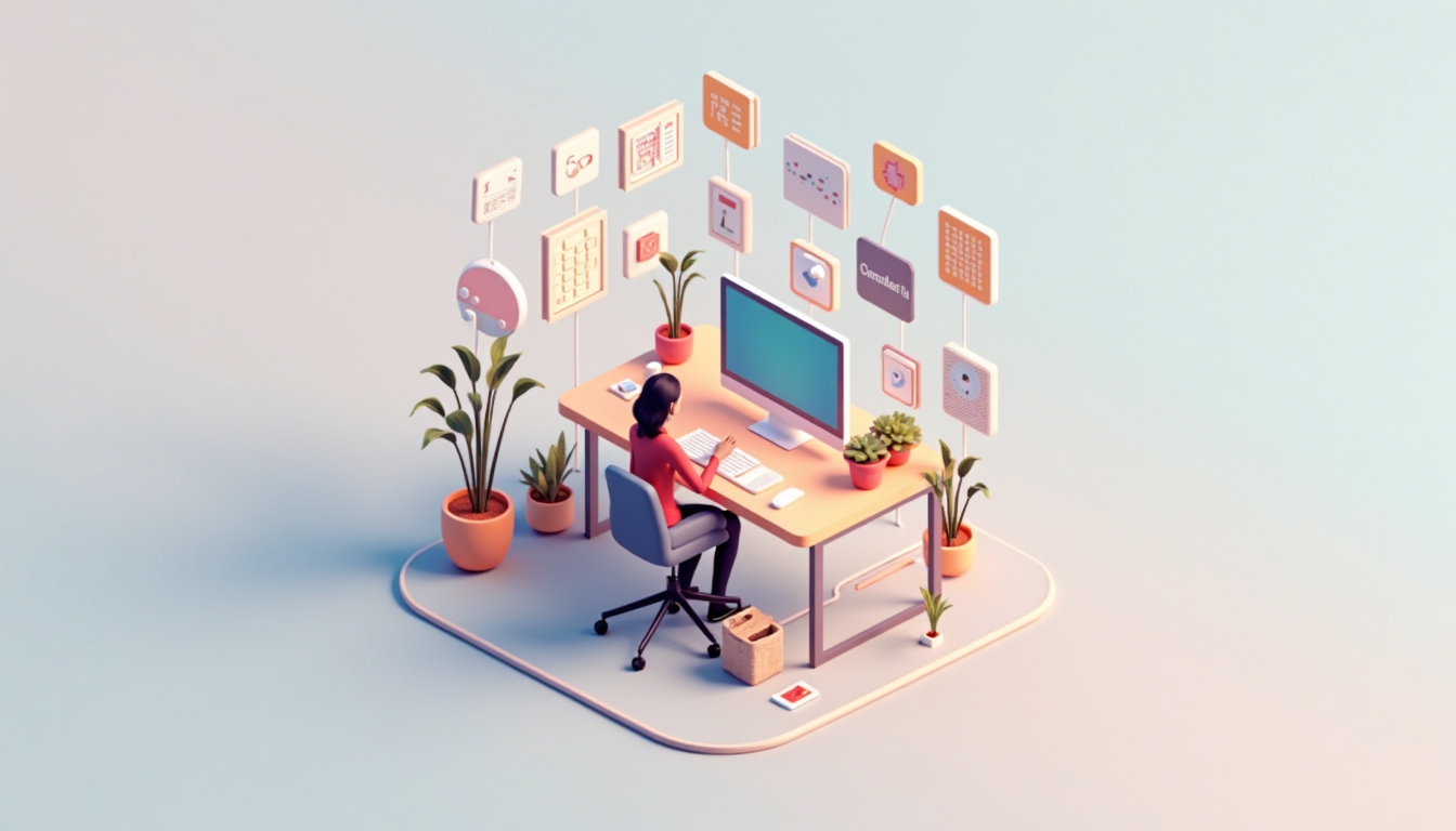 Ilustrație cu elemente de creare site și web design, simbolizând succesul digital